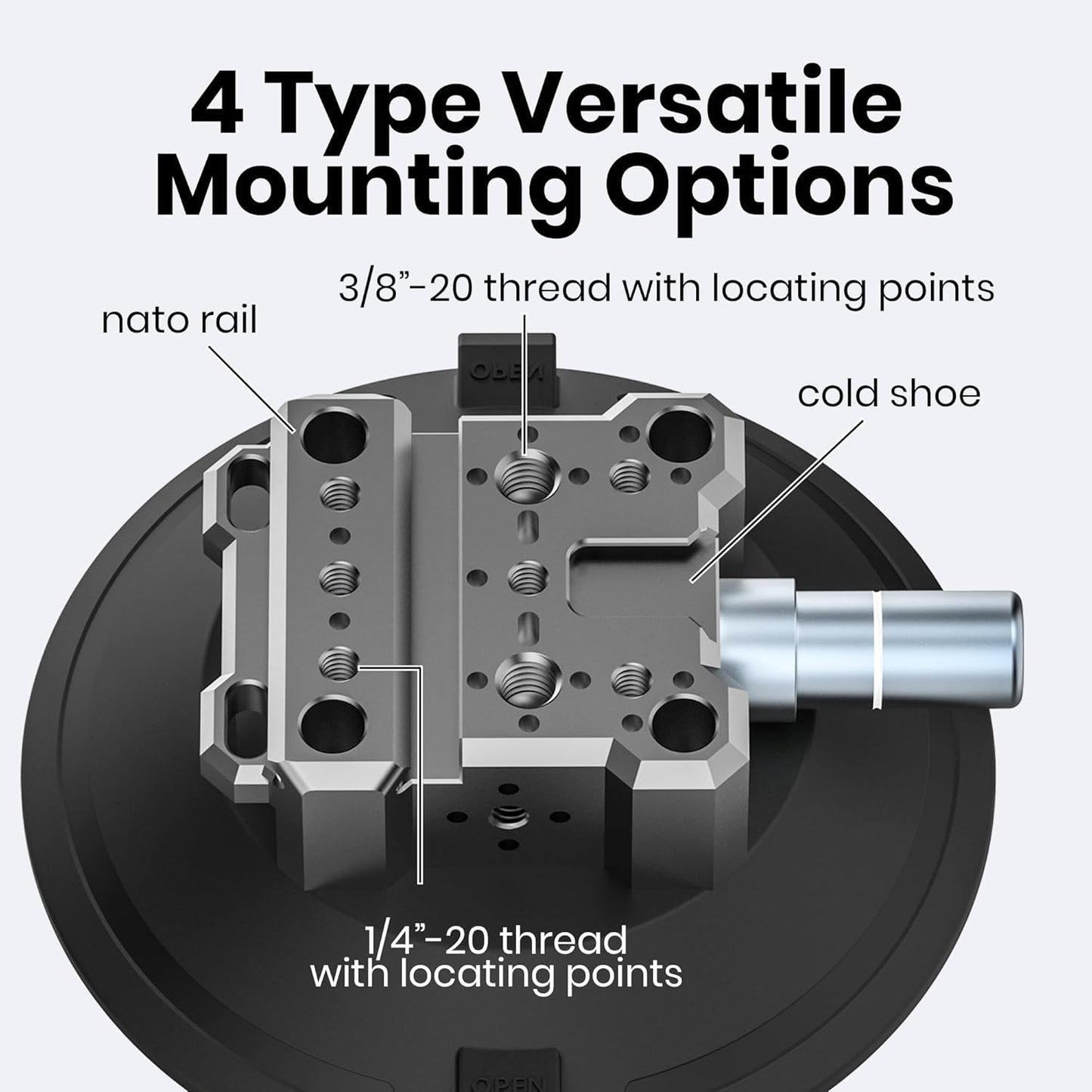 6" Suction Cup Camera Mount – Ultimate Car Camera Mount with Cold Shoe, NATO Rail, and Threaded Holes for Cameras, Action Cameras, Phones (6")