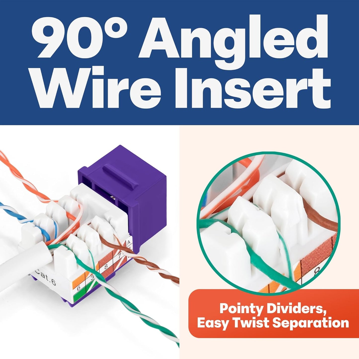 Everest 90° Angled RJ45 Cat6 Keystone Jacks 50-Pack in Purple - Slim Profile Female RJ45 Connectors - Cat 6 Keystone Jack - Compatible with 90° Angled Speed Termination Tool - easyJACK (B094WB91H3)