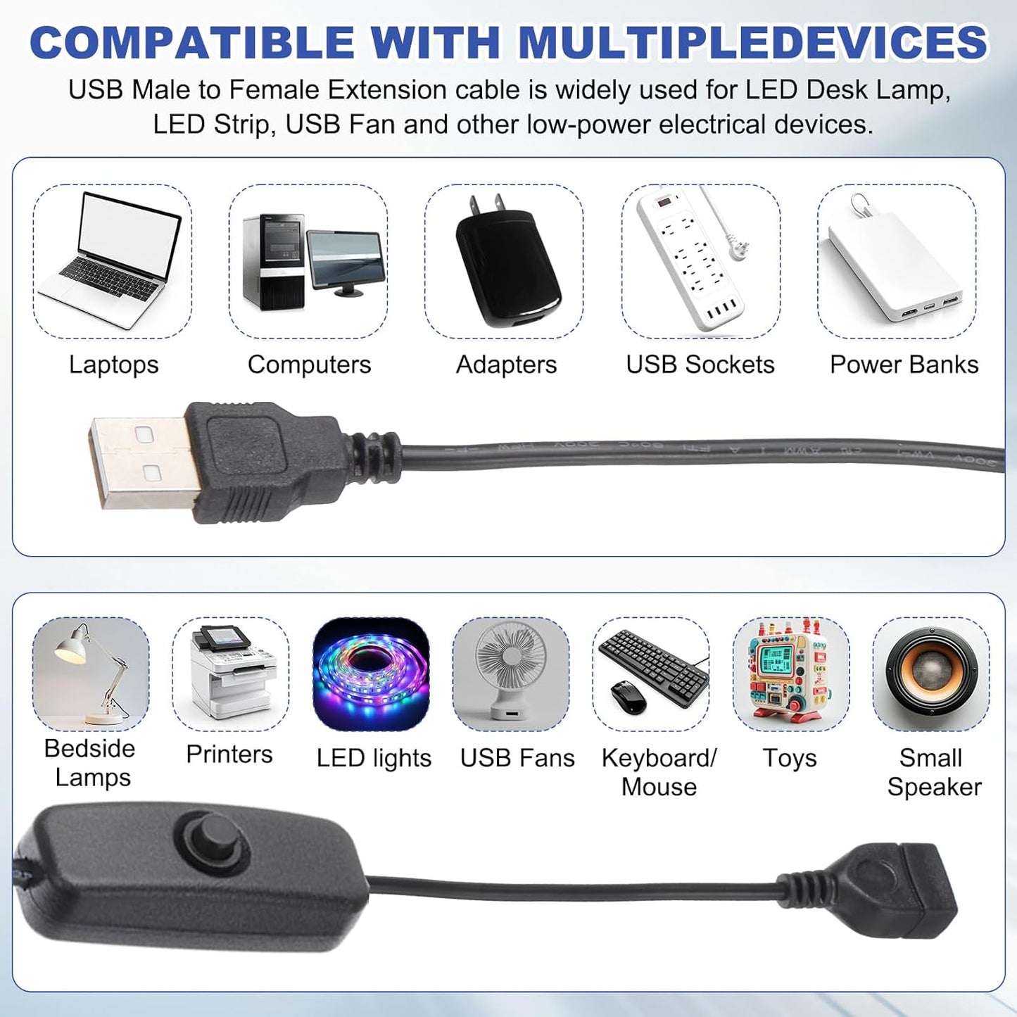 MECCANIXITY USB Extension Cable with ON/Off Button Switch 1m USB Male to Female Extension Cord for Desk Lamp Fan LED Light Strip Black Pack of 1