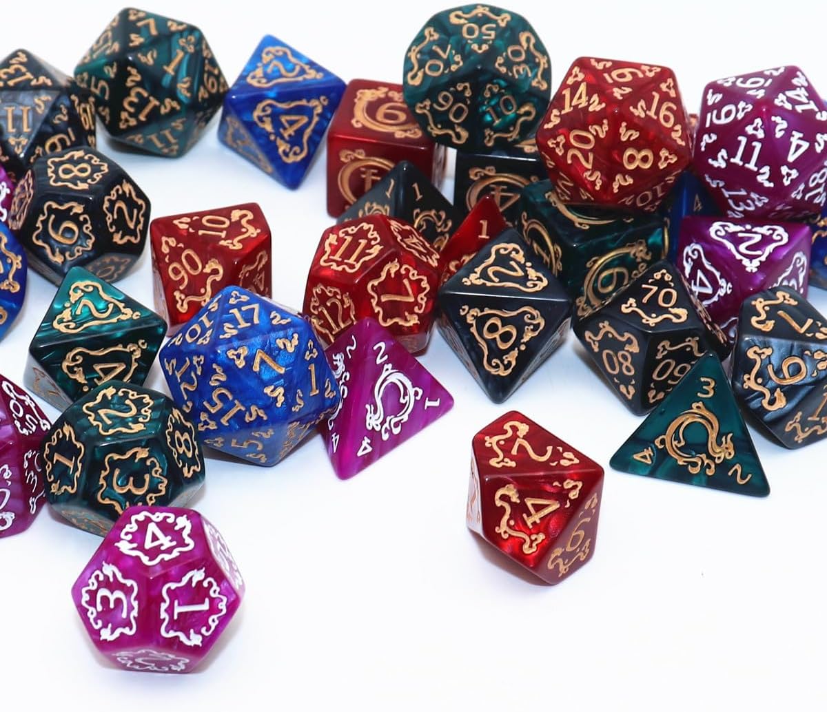 Polyhedral DND Dice Set, 5 Pack Vintage Dragon-Patterned Dice Sets Compatible with Dungeons and Dragons D&D RPG Games,35 Pieces (5 Colors with Black)