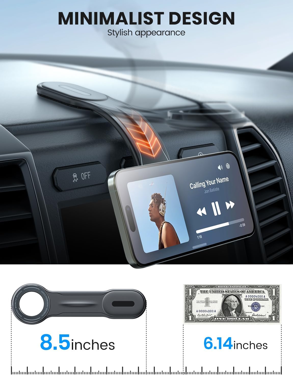 eSamcore for MagSafe Car Mount Detachable, Bendable Aluminum Arm Magnetic Phone Holder for Car【20 Strong Magnets】 Cell Phone Mount for Car Dash Fit iPhone 16 15 14 13 Pro Max Mini Mag Safe Accessories