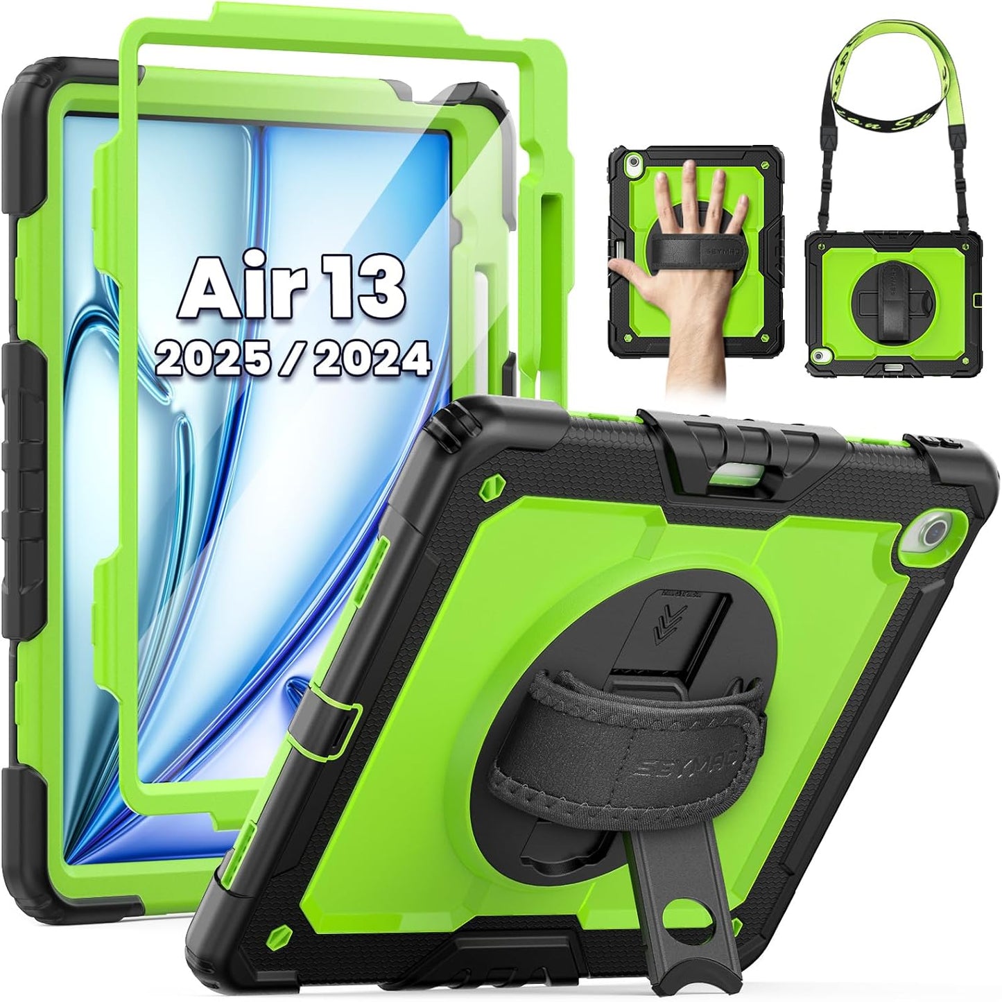 SEYMAC for iPad Air 13 Inch Case M3 2025/ M2 2024, Heavy Duty Shockproof Protective Case with Screen Protector, 360° Rotating Stand, Hand/Shoulder Strap and Pen Holder for iPad Air 13, Green
