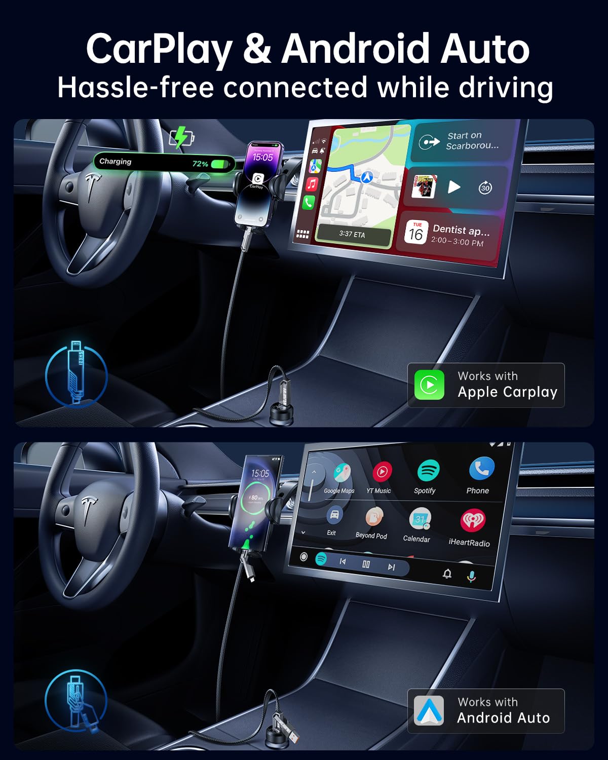 [Upgraded] 4-in-1 USB C Cable 60W 5FT Lightning Cable Fast Charging Flat Nylon Braided for iPhone iPad Charger Cord [480Mbps Data Sync] Multi Charge Wire Combo with Lightning/Type C/USB A Port