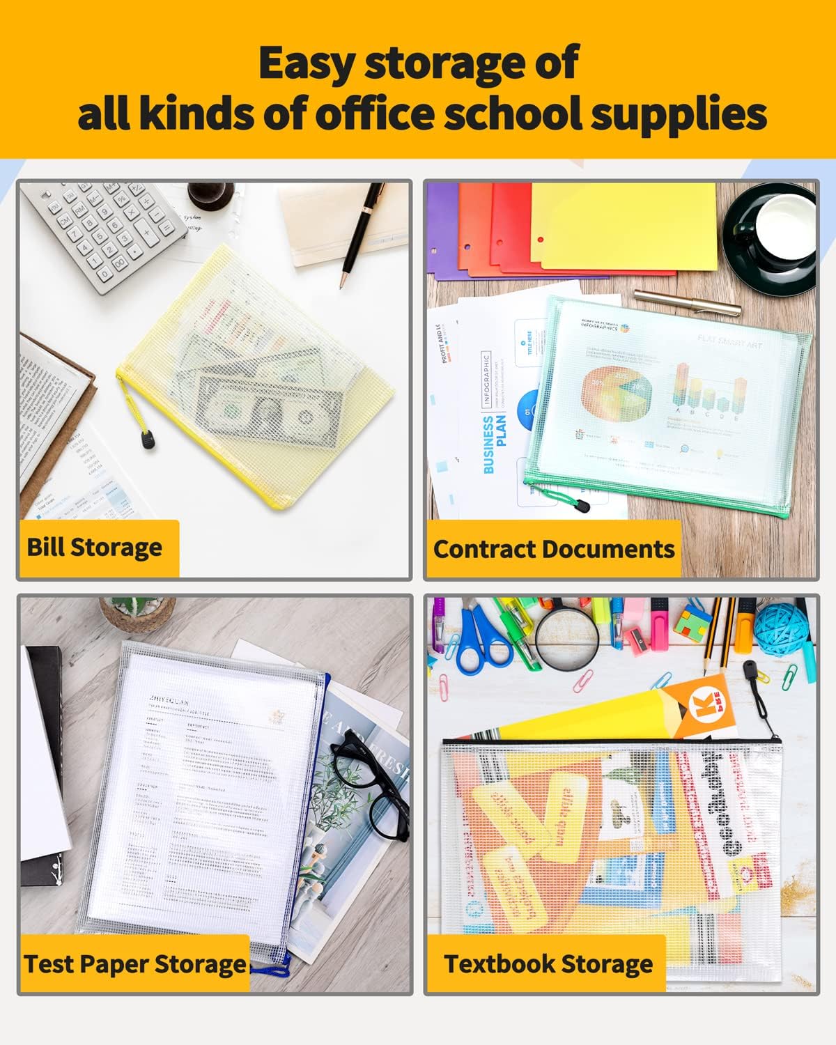 SUNEE Mesh Zipper Pouch 9x13 in (10 Colors, 30 Packs), Mesh Bags with Zipper for School Office Supplies, Puzzles & Games, Travel Accessories, Waterproof Zipper Pouches for Organizing