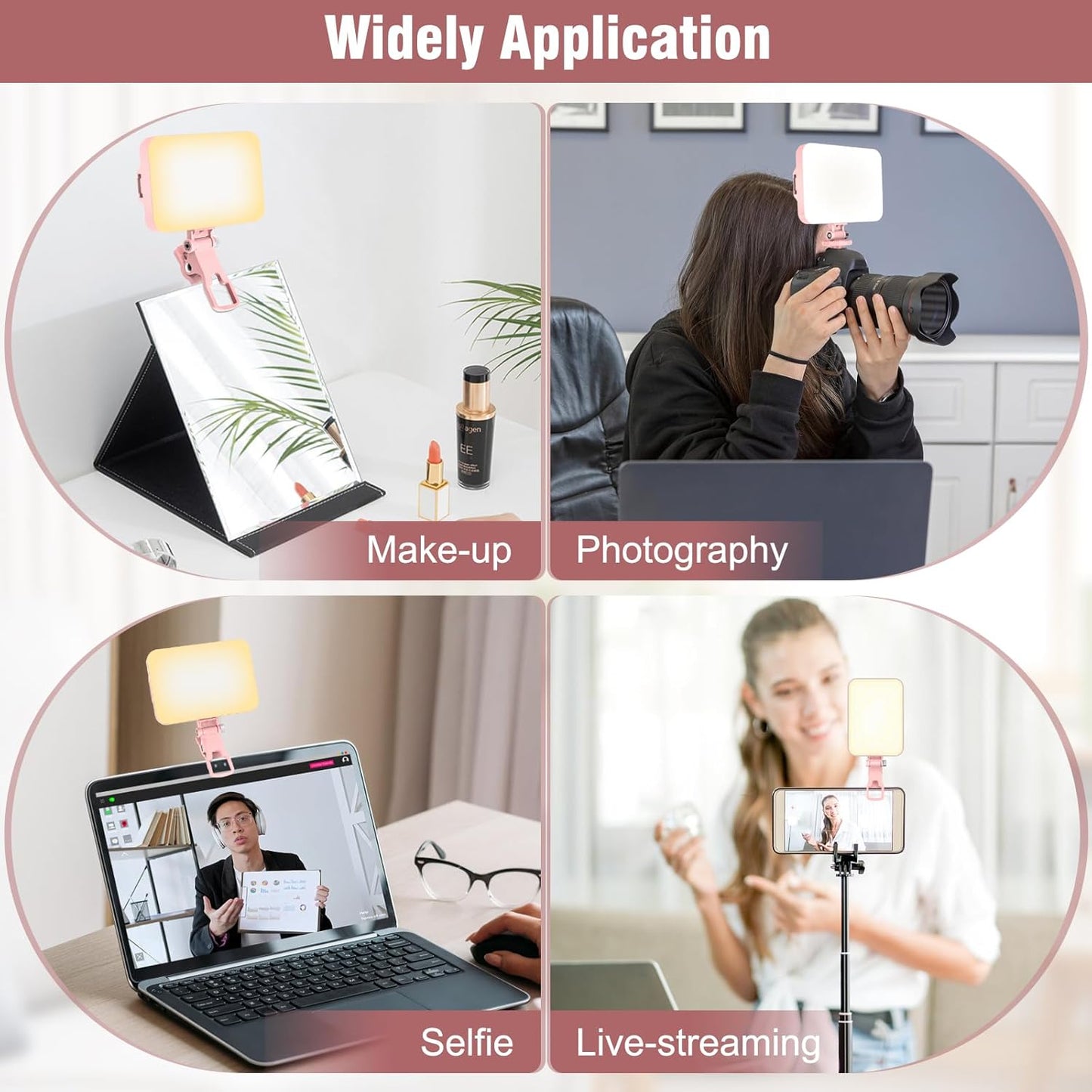 60 LED Portable Selfie Light Video Conference Lighting with Clip & Camera Tripod Adapter Rechargeable 2200mAh CRI 97+, 9 Light Modes for Phone iPhone Webcam Laptop Photo Makeup