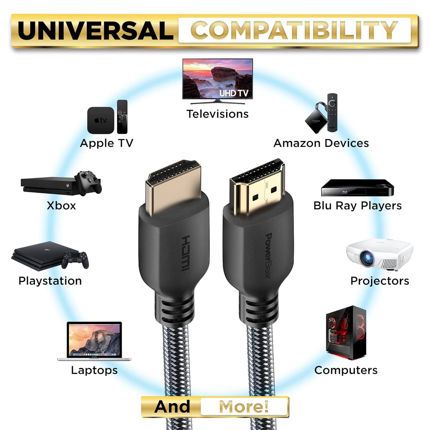PowerBear 4K HDMI Cable 0.5 ft | High Speed, Braided Nylon & Gold Connectors, 4K @ 60Hz, Ultra HD, 2K, 1080P, ARC & CL3 Rated | for Laptop, Monitor, PS5, PS4, Xbox One, Fire TV, Apple TV & More