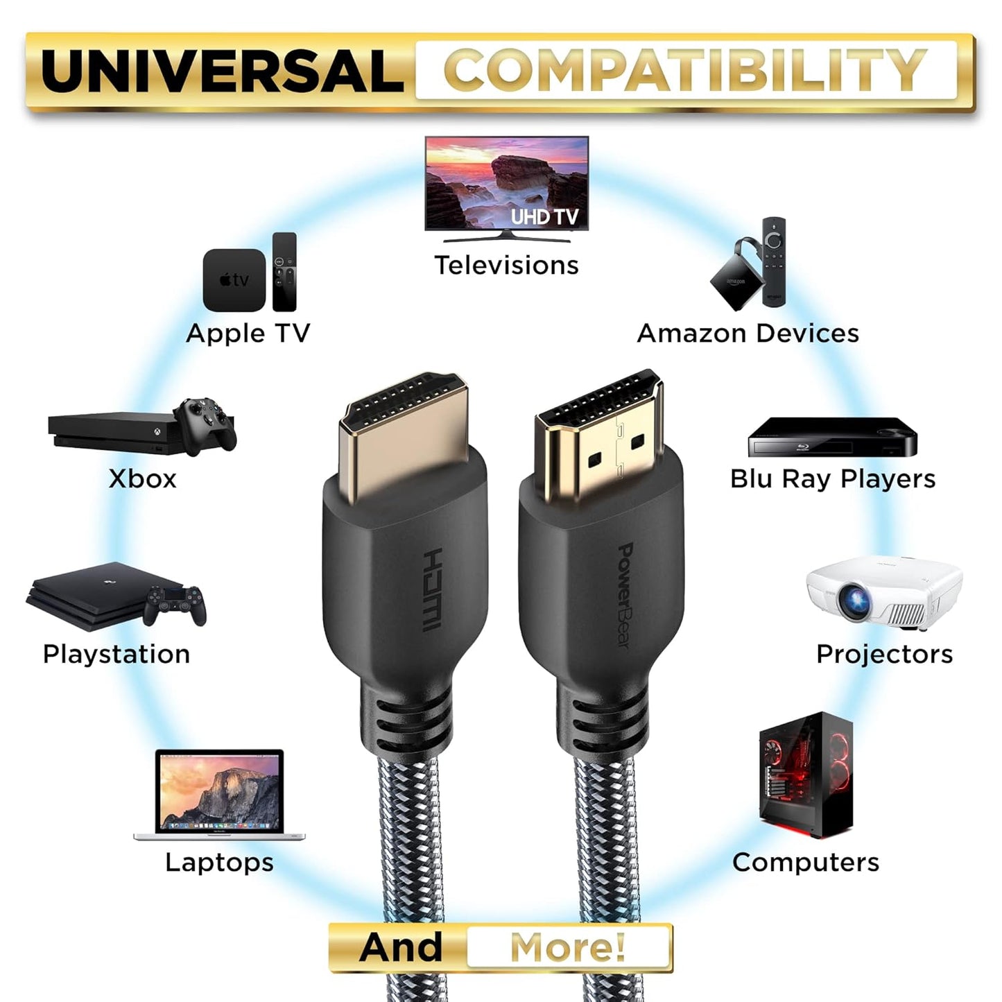 PowerBear 4K HDMI Cable 30 ft | High Speed Hdmi Cables, Braided Nylon & Gold Connectors, 4K @ 60Hz, Ultra HD, 2K, 1080P, ARC & CL3 Rated | for Laptop, Monitor, PS5, PS4, Xbox One, Fire TV, & More