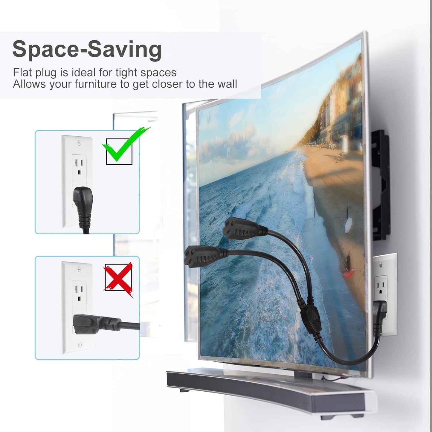 Power Cord Extension Y Splitter - 1 to 2 Way Outlet Adapter NEMA 5-15P 90-Degree Flat Plug to 2 X NEMA 5-15R with SJT 16AWG 3-Prong Cable Wire Extender Space Saver for Home Office Appliance 2-Pack