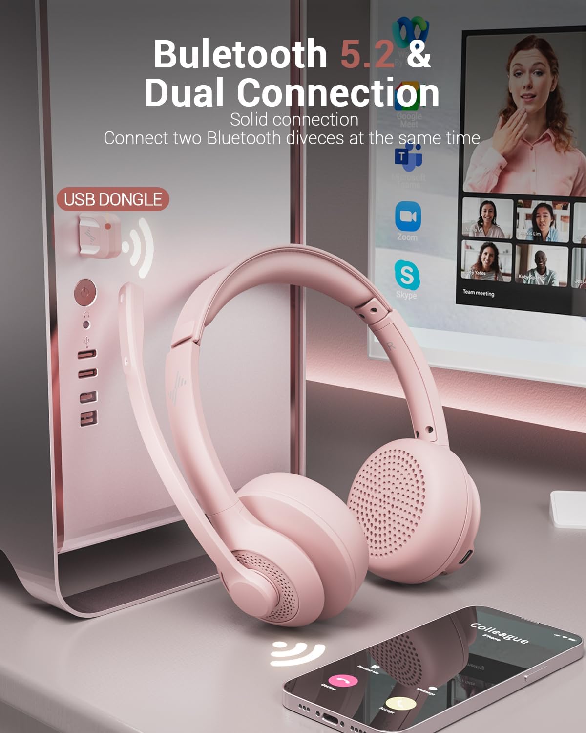 Wireless Headset with AI Noise Cancelling Microphone Bluetooth Headset - Bluetooth V5.2 Headphones with USB Dongle, Charging Base & Mic Mute for Computer/Laptop/PC/iPhone/Android/Cell Phones (Pink)