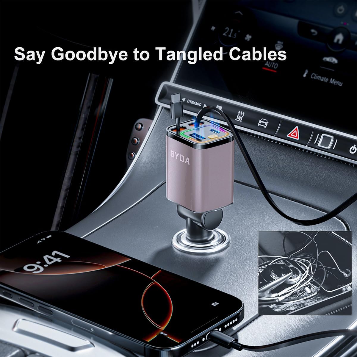 [2025 Mirco-Version] 4 in 1 Retractable Car Charger,69W Car Charger USB C,Cigarette Lighter Adapter,Fast Charging for iPhone 16e/16/15/14,13,Android (Pink, for Lightning+USB-C)