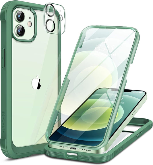 Miracase Glass Series for iPhone 12/12 Pro Case 6.1 inch, Upgraded Full-Body Rugged Phone Bumper Case Cover with Built-in 9H Tempered Glass Screen Protector and Camera Protector, Green