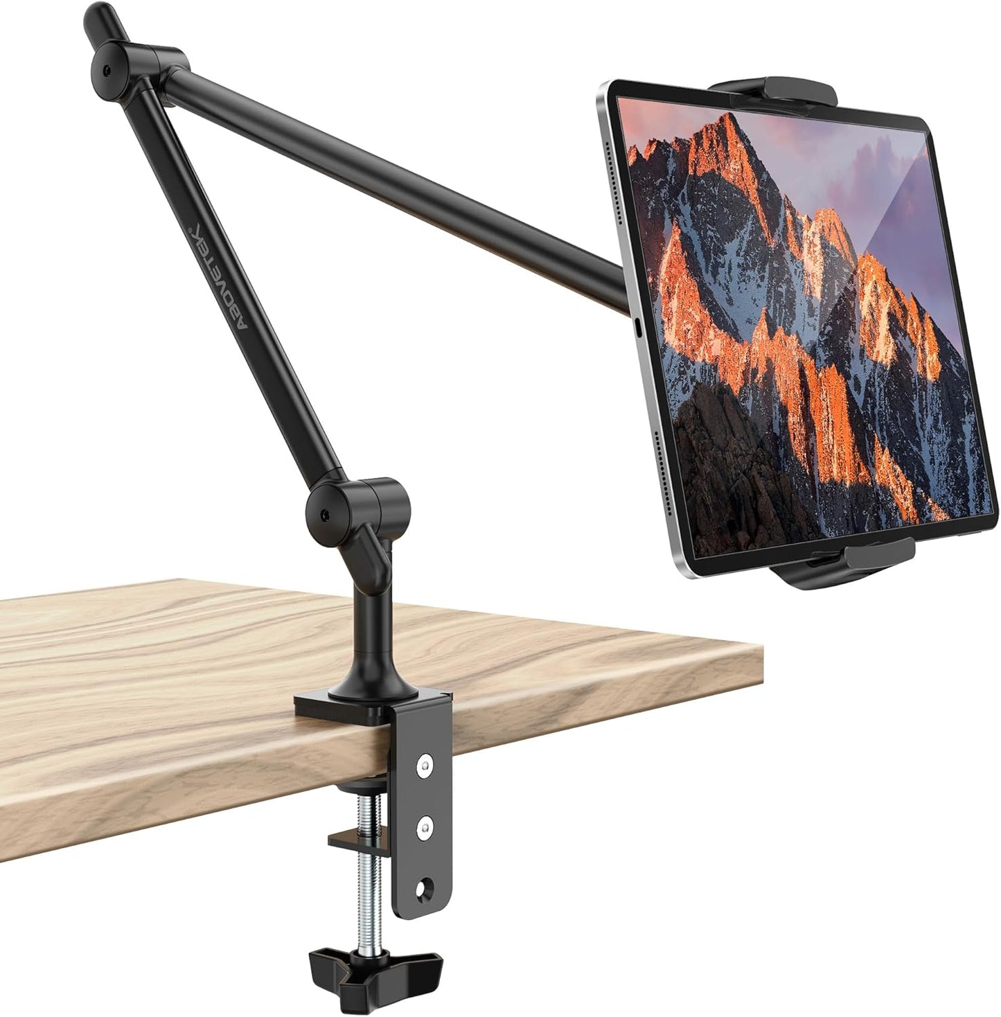 AboveTEK Tablet Stand Holder, Aluminum iPad Holder for Desk & Bed, Adjustable Arm Clamp Mount with 360° Rotation, Overhead Compatible with 4.7"-13.5" iPad Pro/Air/Mini, iPhone, Galaxy Tab- Black