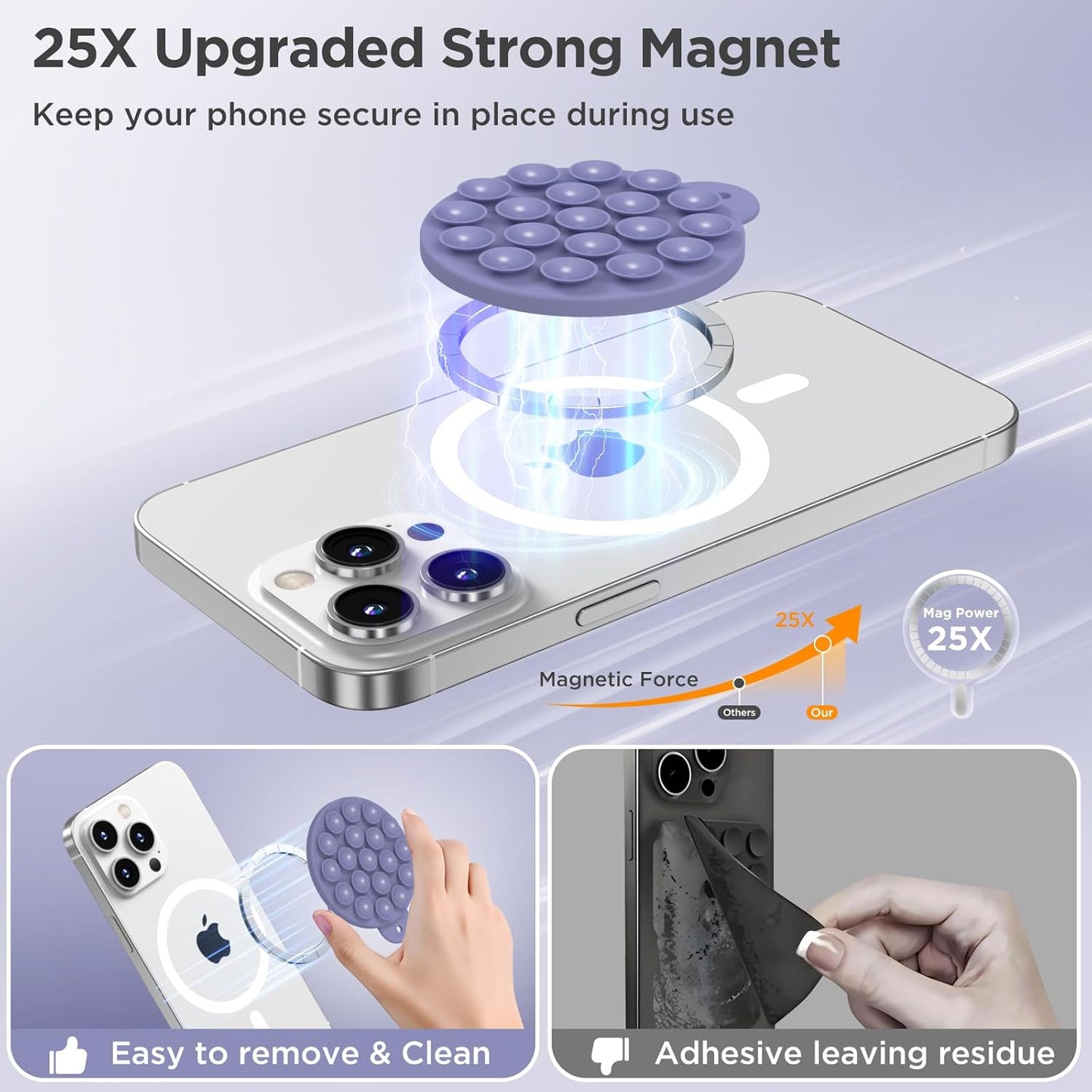 Magnetic Suction Cup Phone Mount for MagSafe Case, Silicone Hands-Free Grip Holder for iPhone and Android, Mirror Shower Phone Stand for Makeup FaceTime Gym Kitchen Bathroom, Lavender