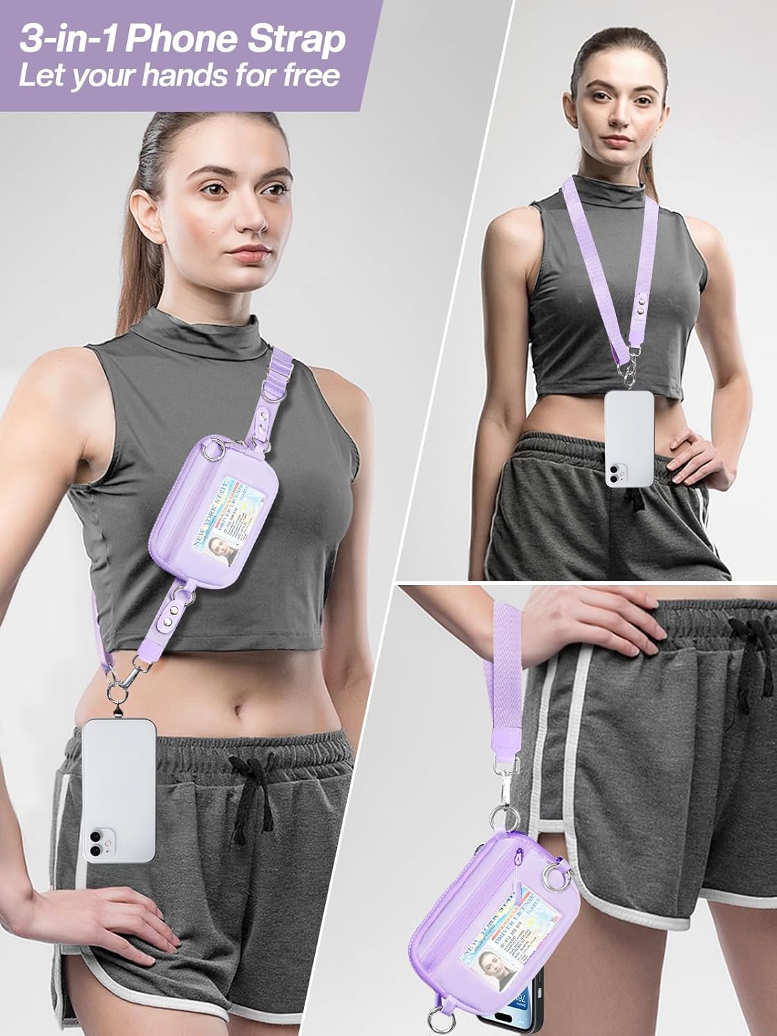 Clip and Go Strap for Phone with Wallet Crossbody Phone Lanyard Adjustable and Detachable RFID Wristlet Wallet with ID Window and Zipper, Purple