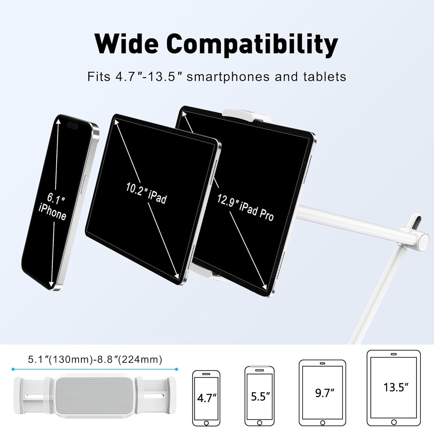 AboveTEK Tablet Stand Holder, Aluminum iPad Holder for Desk & Bed, Adjustable iPad Arm Clamp Mount with 360° Rotation, Overhead Compatible with 4.7"-13.5" iPads Pro/Air/Mini, iPhone, Galaxy Tab- White