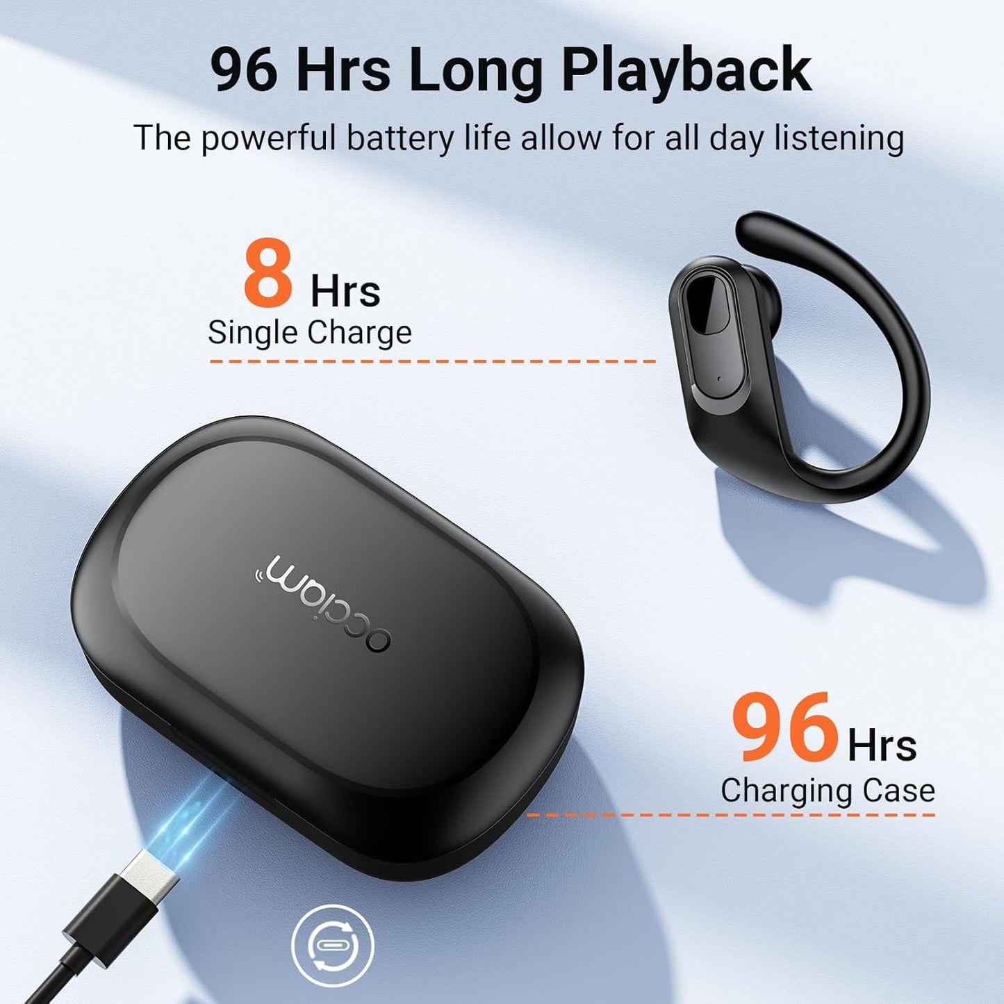 occiam Wireless Earbuds Bluetooth Headphones Ear Buds 96Hrs Playback Sport Over-Ear Waterproof Wireless Headphones Earphones with Earhooks ENC Mics Clear Call for Sport Running Workout Black