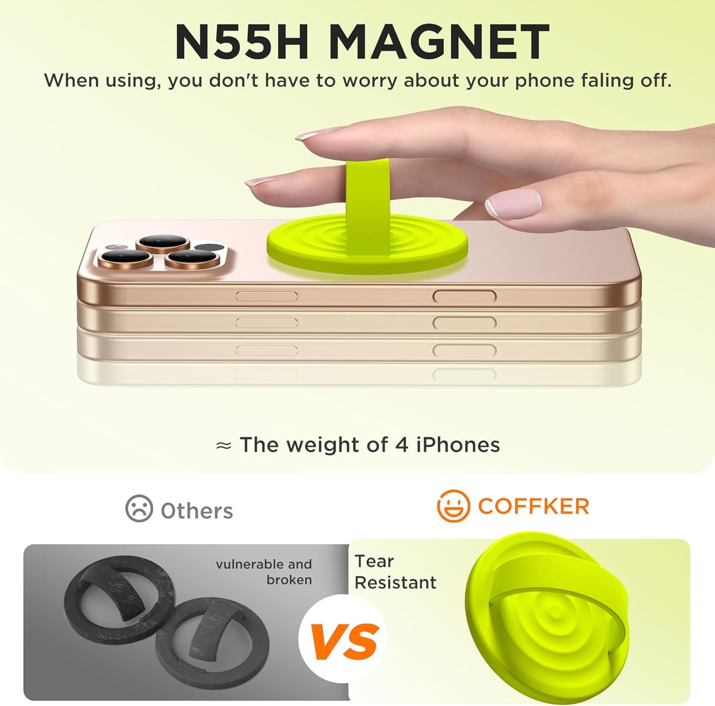 Magnetic Phone Ring Grip Holder, Silicone Finger Loop Grip, Compatible with MasSafe, Back of Phone for iPhone Pro Max/Plus/16/15/15/14/13/12 Series, Neon Yellow