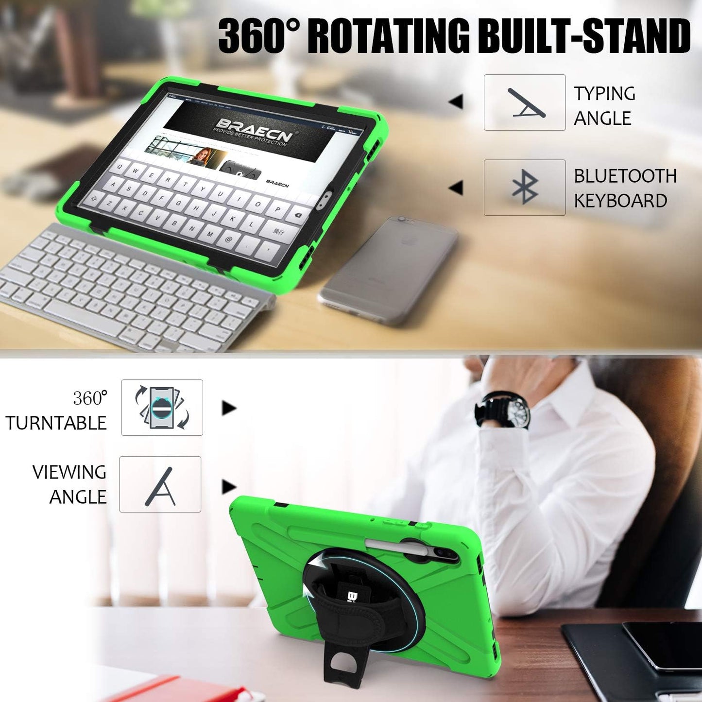 BRAECN for Galaxy Tab S6 Case with Pen Holder/Hand Strap/Rotating Stand/Shoulder Strap,Hybrid Heavy Duty Shockproof Case for 2019 Model 10.5 inch Galaxy Tab S6 Tablet(SM-T860/T865/T867)-Green