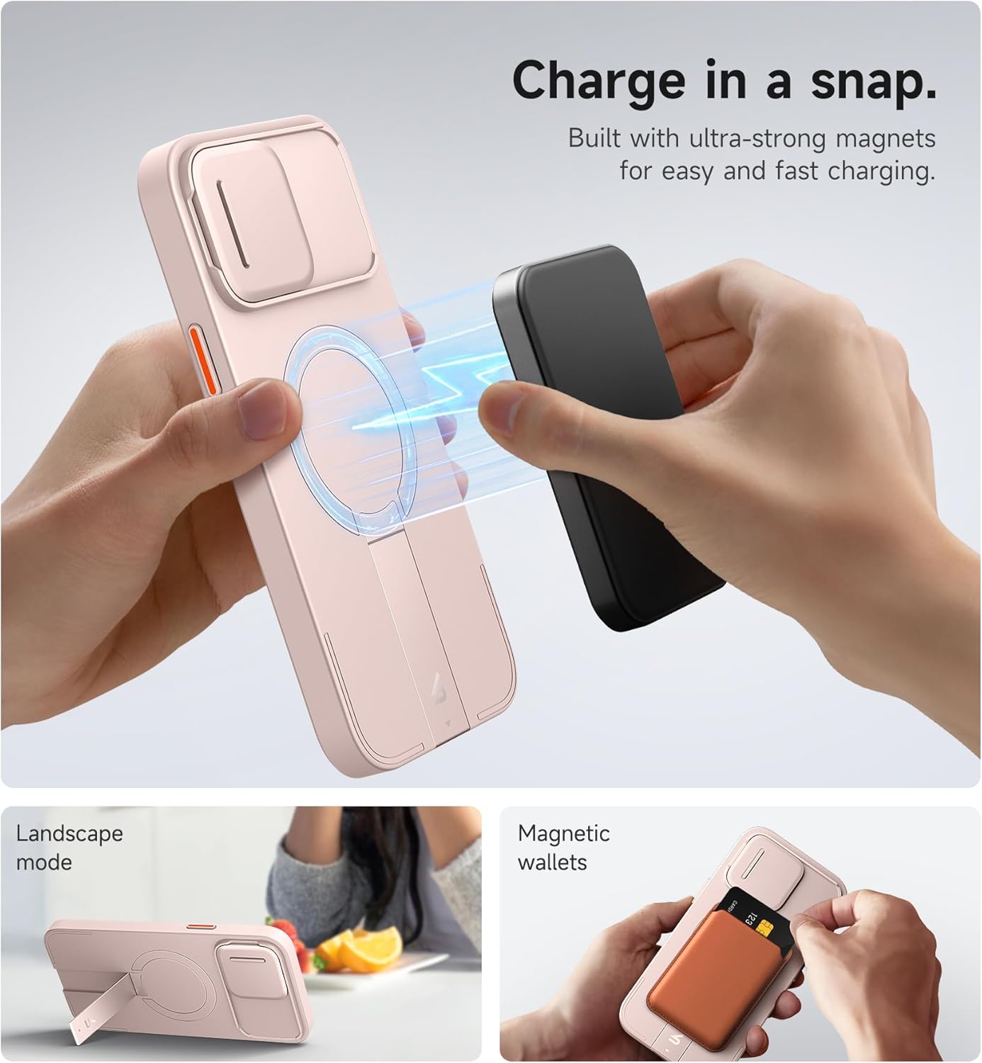 SURITCH for iPhone 13 Pro Max/12 Pro Max Case with Magnetic Camera Slide Cover and Adjustable Kickstand, Compatible with MagSafe, Shockproof Bumper Case Slim Protective Cover 6.7 Inch, Pink