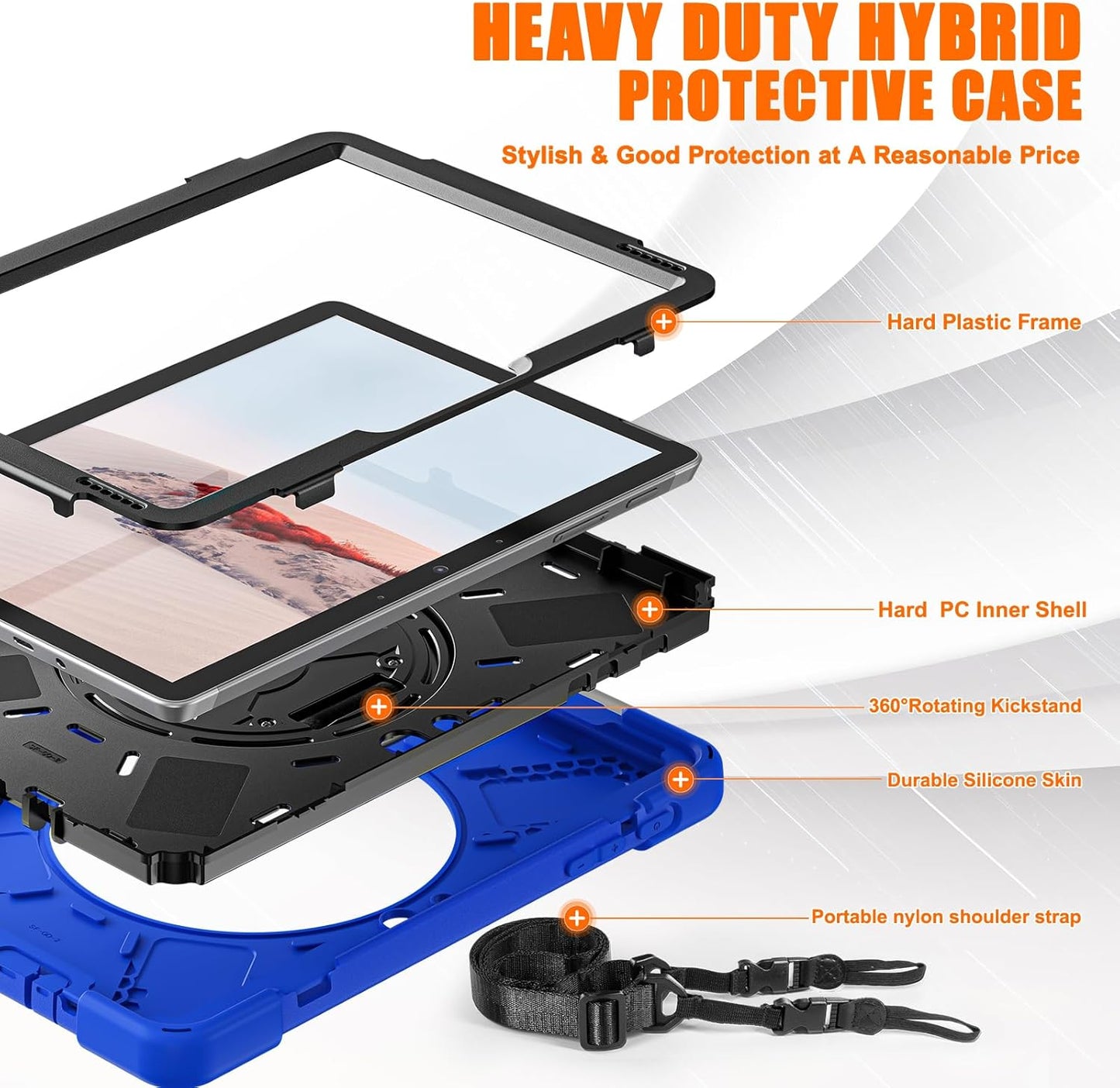 ZenRich Rugged Case for Surface Go 4 (2023)/Surface Go 3 (2021)/ Surface Go 2 (2020), Surface Go (2018) with Pen Holder Heavy Duty Shockproof Case with Stand Hand Strap and Shoulder Belt-Blue