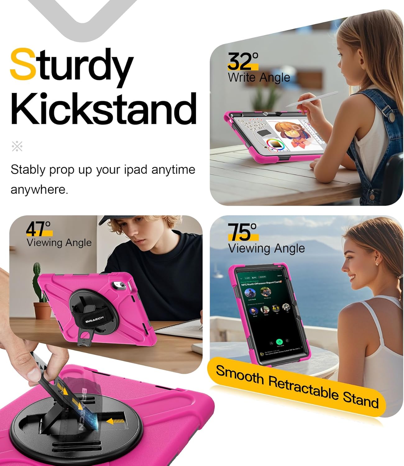 BRAECN for iPad (A16) 11th/10th Generation case 11/10.9 inch 2025/2022 Heavy Duty Shockproof Protective with Pencil Holder Screen Protector 360°Rotating Stand Handle & Shoulder Strap Full Body Cover