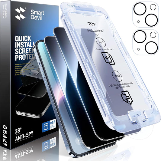 SMARTDEVIL 2+2Pack Privacy Screen Protector for iPhone 14 Plus with Camera Lens Protector,Shatterproof Tempered Glass [True 28°Anti Spy][9H Hardness][Automatic Dust-Elimination Install][Bubble Free]