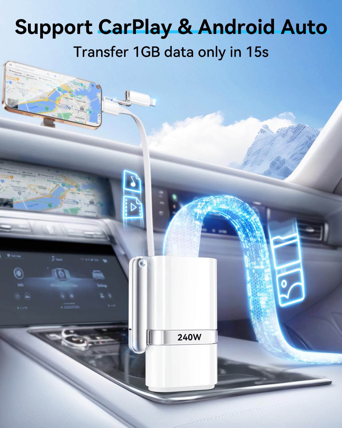 SHEZI 4-in-1 USB C Cable Compatible with Lightning Cable 240W Fast Charging & Data Transfer, Support to CarPlay & Android Auto, 5FT Multi Cords Charger for iPhone/iPad/Samsung/MacBook, White
