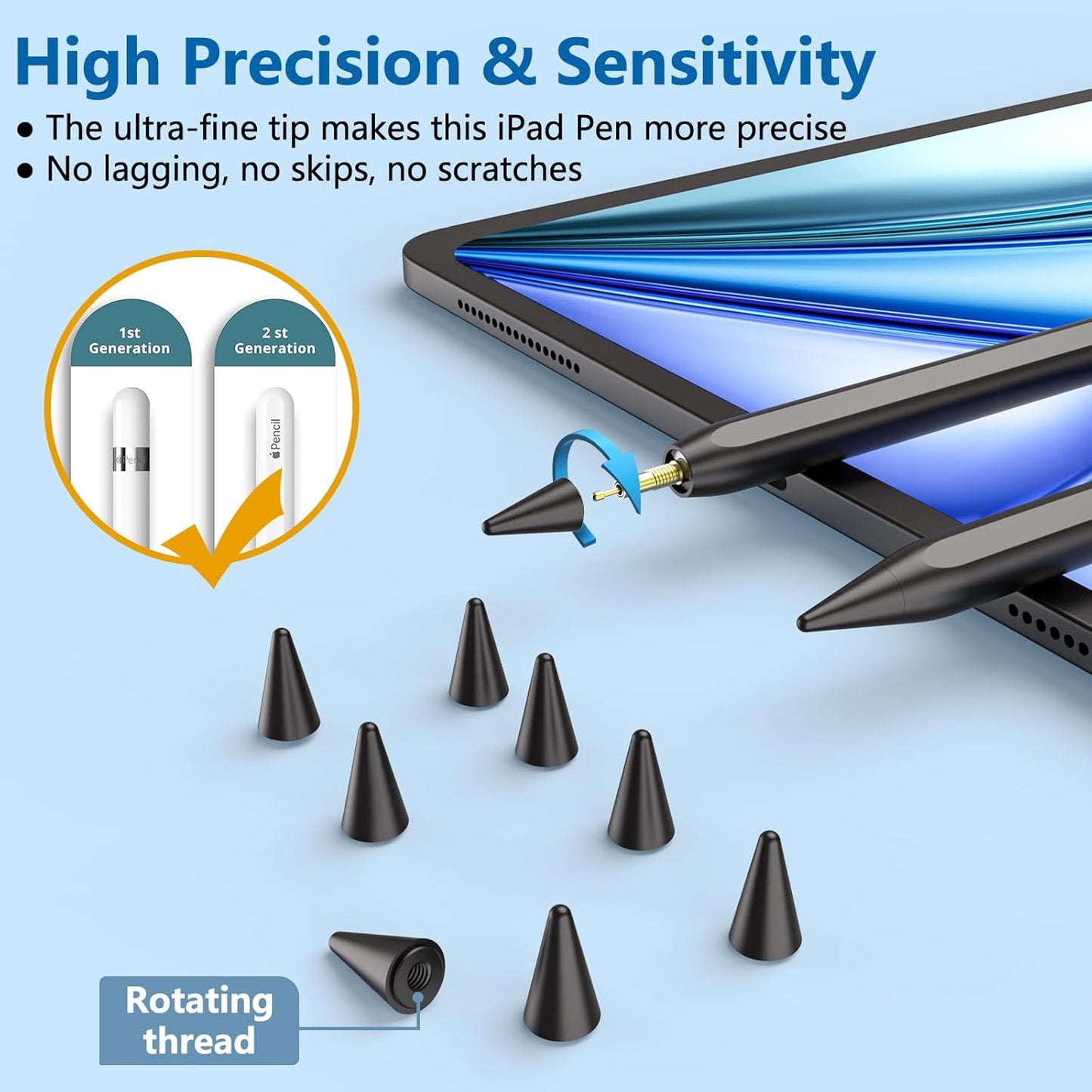 8 Pack Pencil Tips, Replacement Tips Only Compatible with Our KARFUN Pencil, iPencil Nib for iPad Pencil 2018-2023, iPad 10/9/8/7/6 Gen, iPad Pro 11/12.9, iPad Air 5/4/3, iPad Mini 6/5Gen (Black)