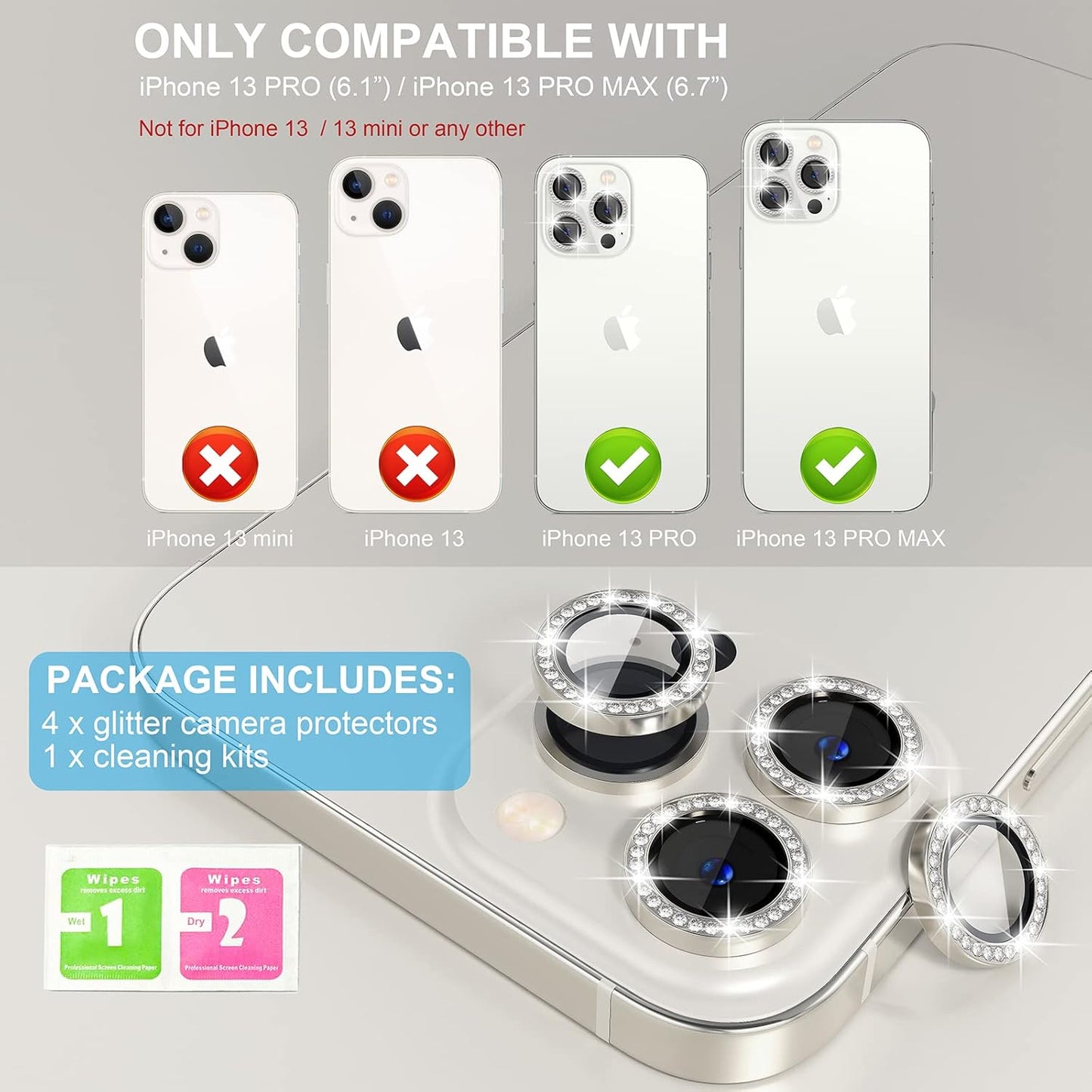 Choiche [3+1 for iPhone 13 Pro/iPhone 13 Pro Max Camera Lens Protector Bling, 9H Tempered Glass Camera Cover Screen Protector Metal Ring Decoration Accessories (Diamond-Silver)