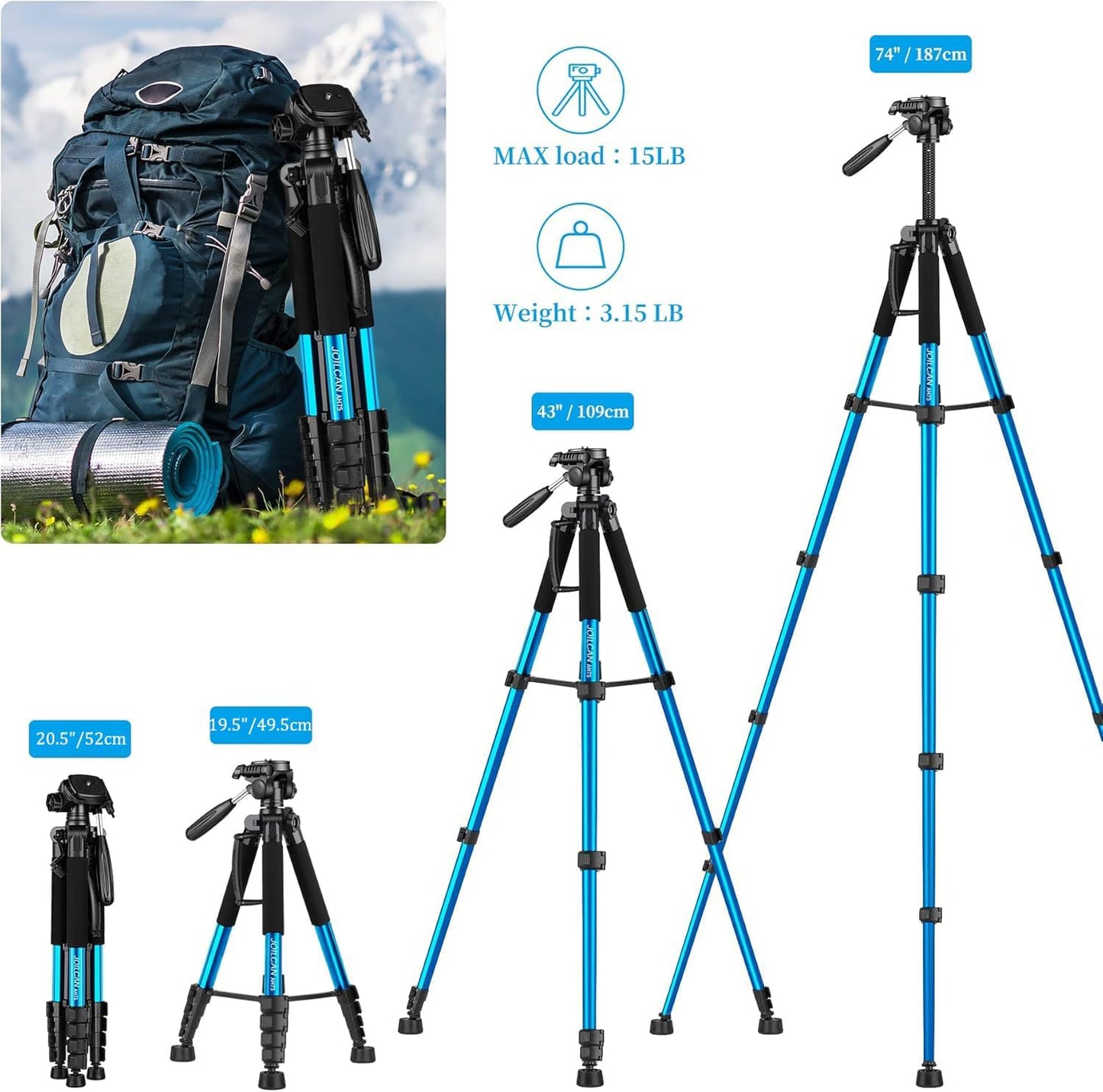 JOILCAN Tripod Camera Tripods, 74" Tripod for Camera Cell Phone Video Recording, Heavy Duty Tall Camera Tripod Stand, Professional Travel DSLR Tripods Compatible with Canon iPhone, Max Load 15 LB