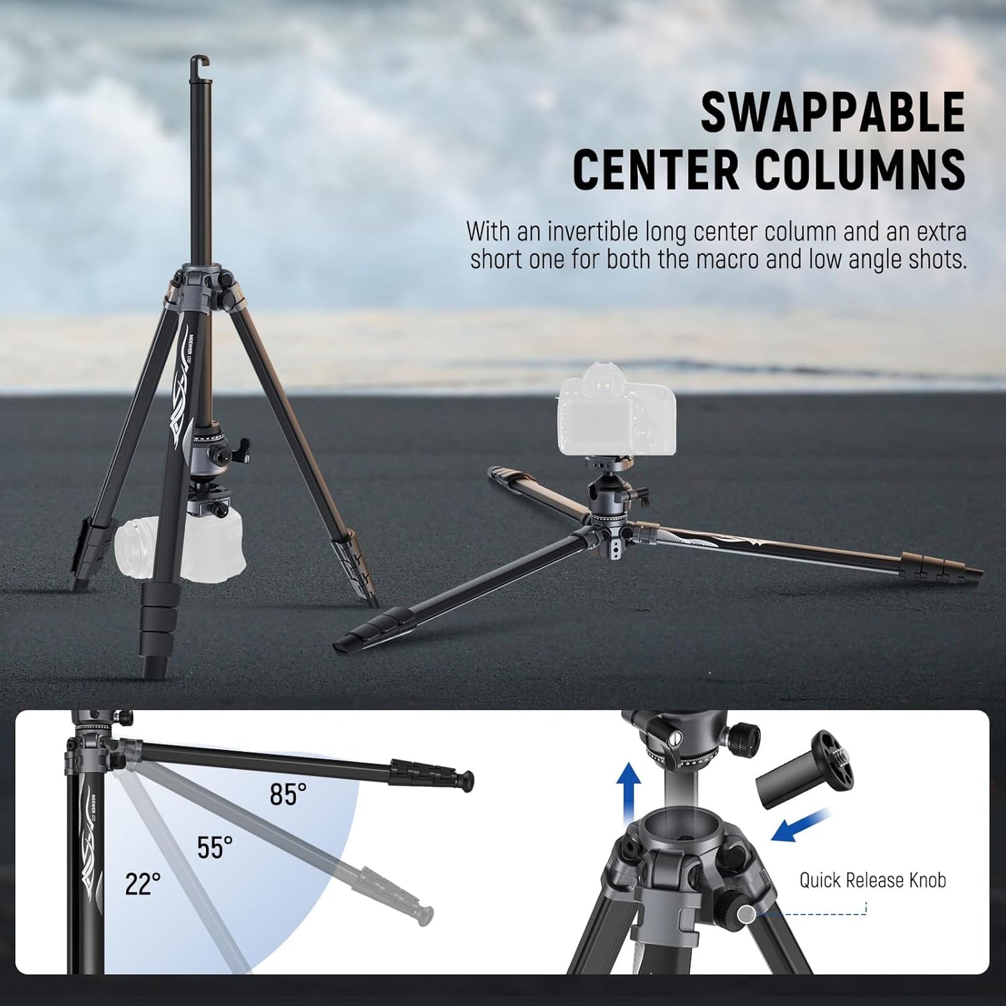 NEEWER LITETRIP LT07 61" Aluminum Travel Tripod Stand for Camera with Pan Tilt Low Profile Ball Head, Arca QR Plate Compatible with Peak Design Tripod Plate V3, Dual Center Axis, Max Load 22lb