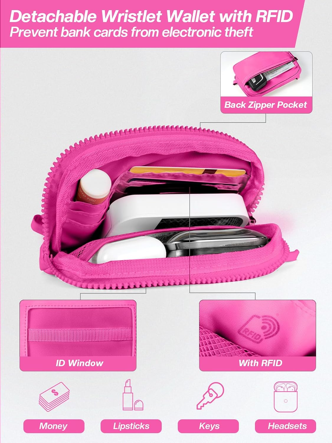 Clip and Go Strap for Phone with Wallet Crossbody Phone Lanyard Adjustable and Detachable RFID Wristlet Wallet with ID Window and Zipper, Hot Pink