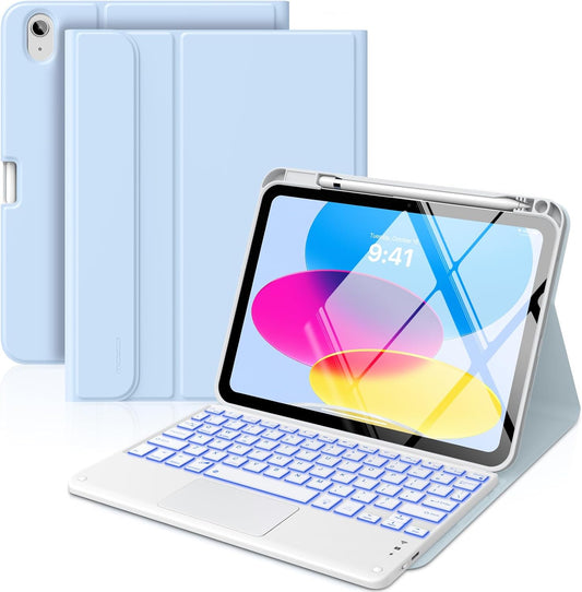 MoKo Touch Keyboard Case for iPad (A16) 11th Generation 11 inch 2025, iPad 10th Generation 10.9 inch Case with Pencil Holder, 7 Colors Backlit Multi-TrackPad Detachable Bluetooth Keyboard, Sky Blue
