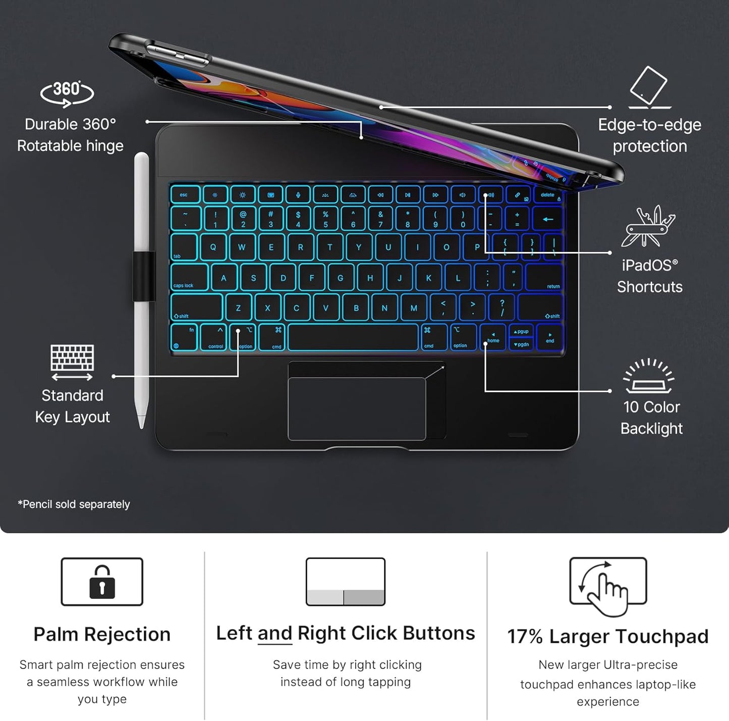 typecase Touch for iPad 9th Generation Case with Keyboard (10.2", 2021),Multi-touch Trackpad,10 Color Backlight, 360° Rotatable, Thin & Light for 8th Gen (2020),7th Gen (2019), Air 3,Pro 10.5 (Black).