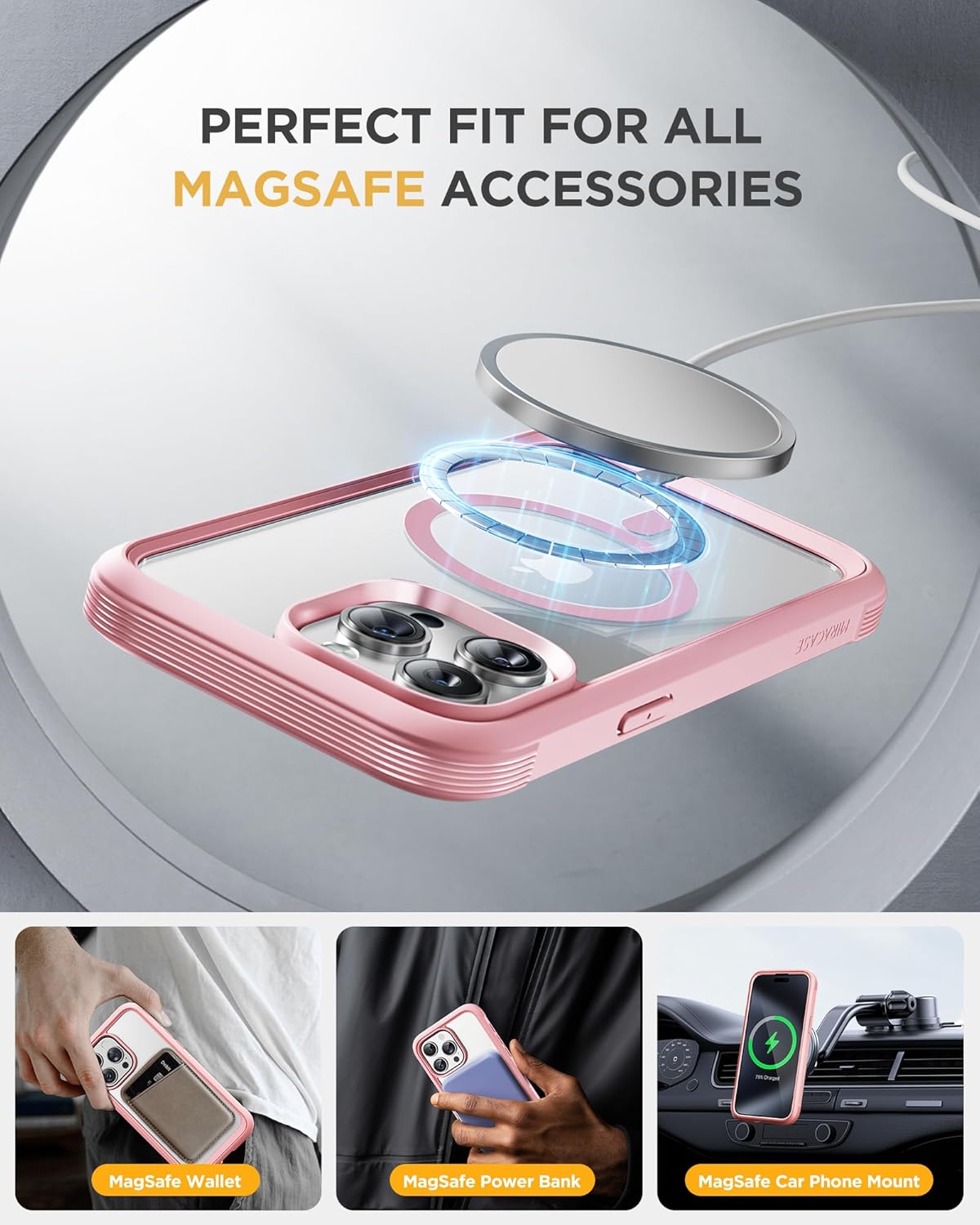 Miracase Magnetic for iPhone 15 Pro Max Case 6.7'' [Compatible with Magsafe] Full-Body Military Drop Proof for iPhone 15 ProMax Case with Built-in 9H Tempered Glass Screen Protector,Pink