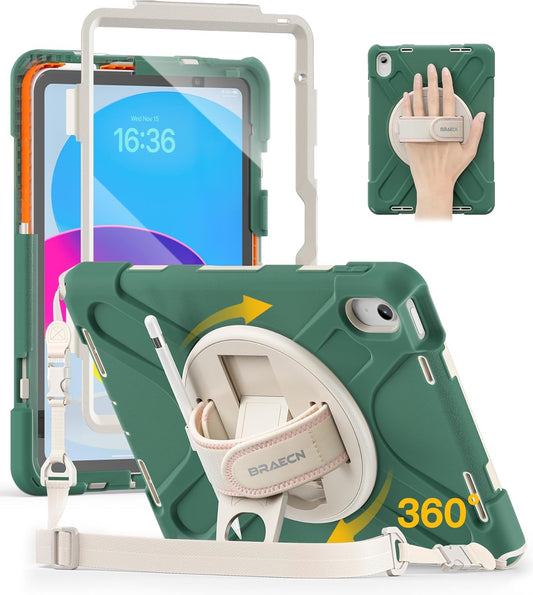 BRAECN for iPad (A16) 11th/10th Generation case 11/10.9 inch 2025/2022 Heavy Duty Shockproof Protective with Pencil Holder Screen Protector 360°Rotating Stand Handle & Shoulder Strap Full Body Cover