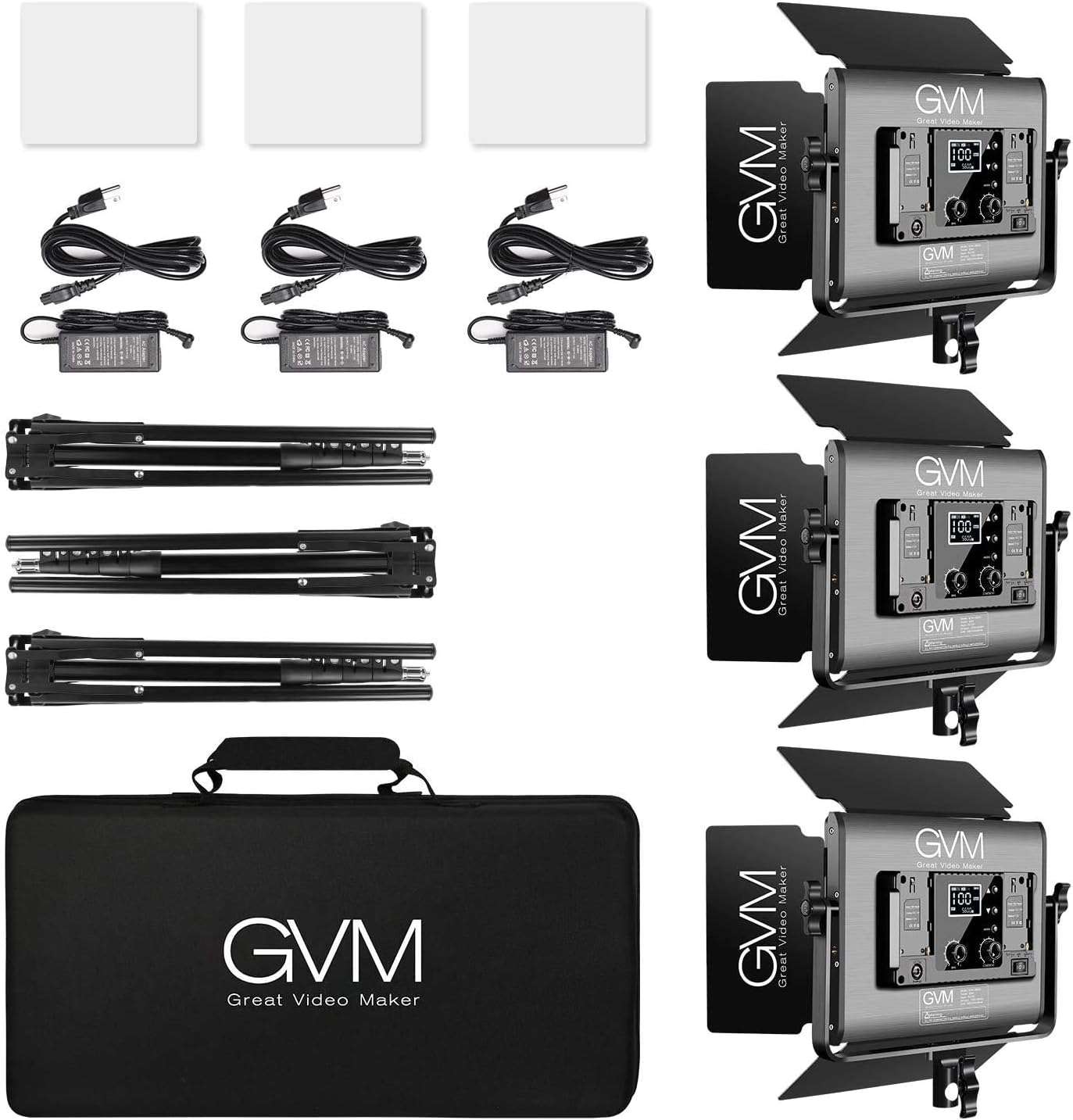 RGB Full Color LED Video Light, GVM 3 Pieces Photography Lighting Kit with APP Control, for YouTube Studio, Video Shooting, 3200-5600K/CRI 97/8 Kinds of The Scene Lights, with U Bracket and Barn Door