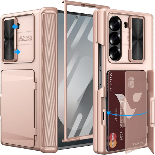 Vihibii for Samsung Galaxy Z Fold 6 Case with Card Holder & Slide Camera Cover & Screen Protector & Hinge Protection, Full Cover Shockproof Wallet Phone Case for Samsung Galaxy Z Fold 6, Rose Gold