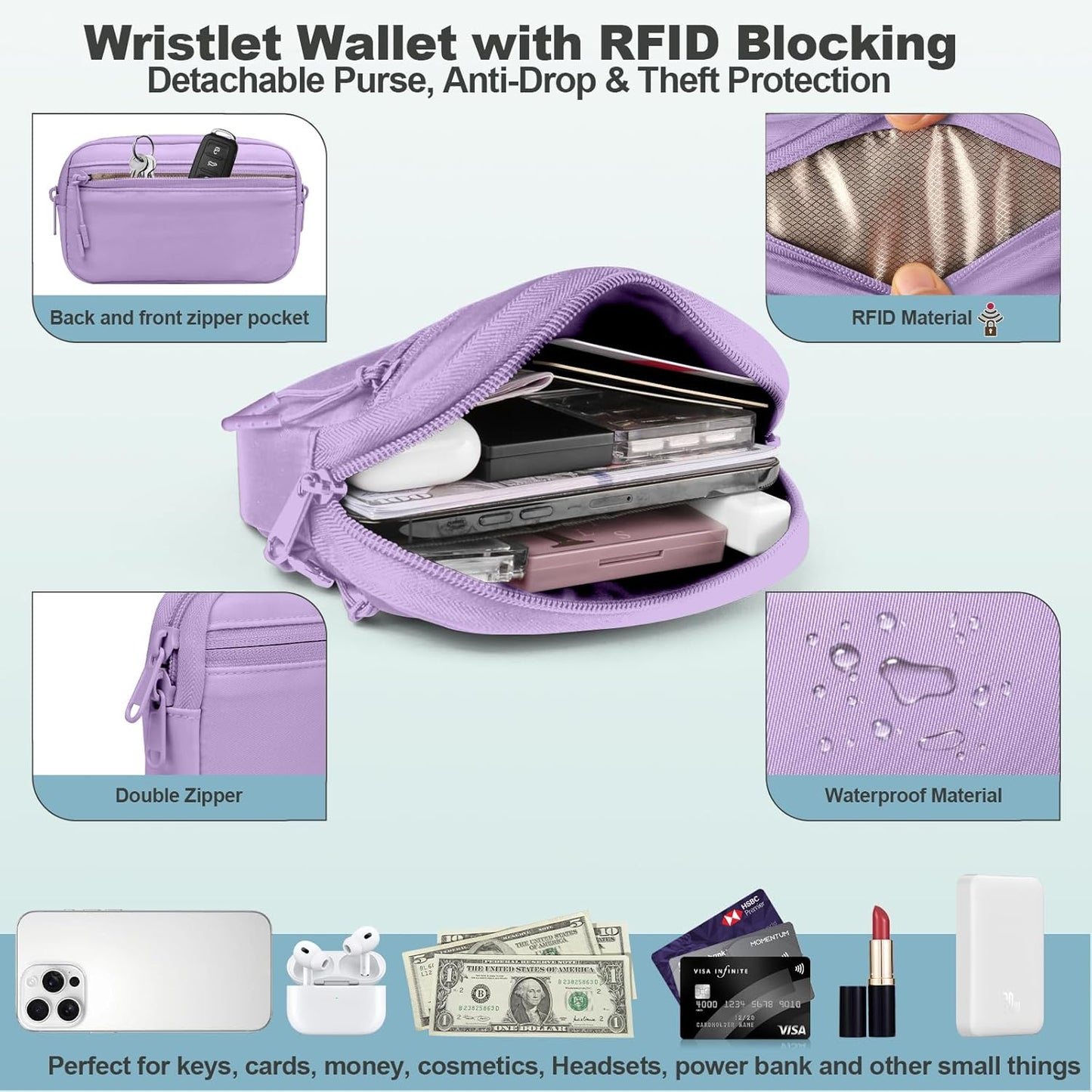 Clip and Go Strap for Phone with Wallet Crossbody, Adjustable Phone Lanyard with Detachable RFID Wristlet Wallet, Pattern Strap - Purple (L)