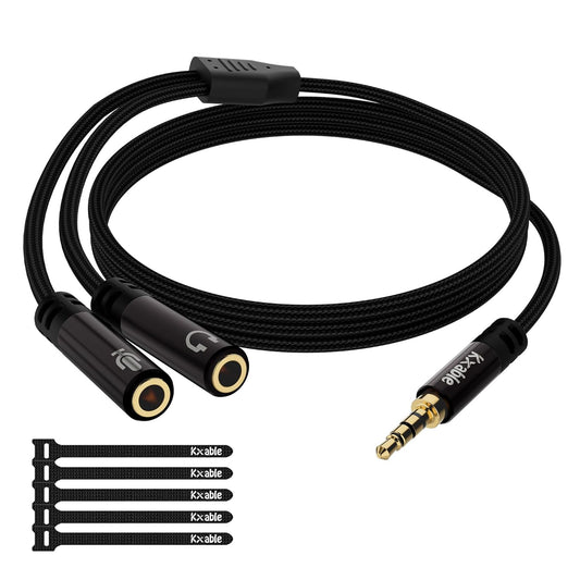 1/8inch Aux Headphone Splitter 2 Way Cable 3FT, 3.5mm 1 Male to 2 Female Mic and Audio Y TRRS Adapter, Compatible with Headset Earphone Switch 2/PS4/PS5 Steam Deck Xbox PC Laptop Phone Tablet Gaming