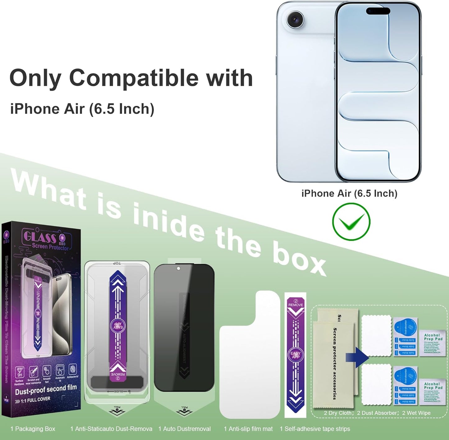 Privacy Screen Protector for iPhone Air 6.5-Inch, Auto Dust Removal, 9H Tempered Glass, Full Cover, Anti-Fingerprint, Easy Installation,2 Pack