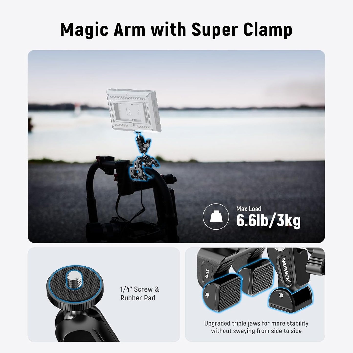 NEEWER Super Clamp with 3" Dual Ballhead Magic Arm, Camera Phone Clamp Mount with 1/4" 3/8" Threads, Cold Shoe, Phone Holder, Action Camera Adapter Compatible with GoPro DJI iPhone 16 15 Pro Max, ST88