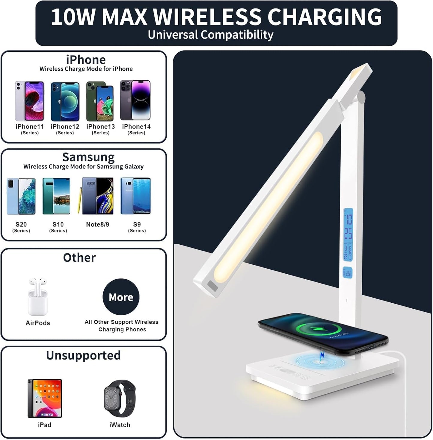 10 in 1 Smart Desk Lamp Led, Desk Light for Colleage Drom Room Office, Eye-Caring Table Lamp with Night Light, Lamp for Desk with 10W Wireless Charger, Dimmable Touch Lamp, Birthday Gifts for Women