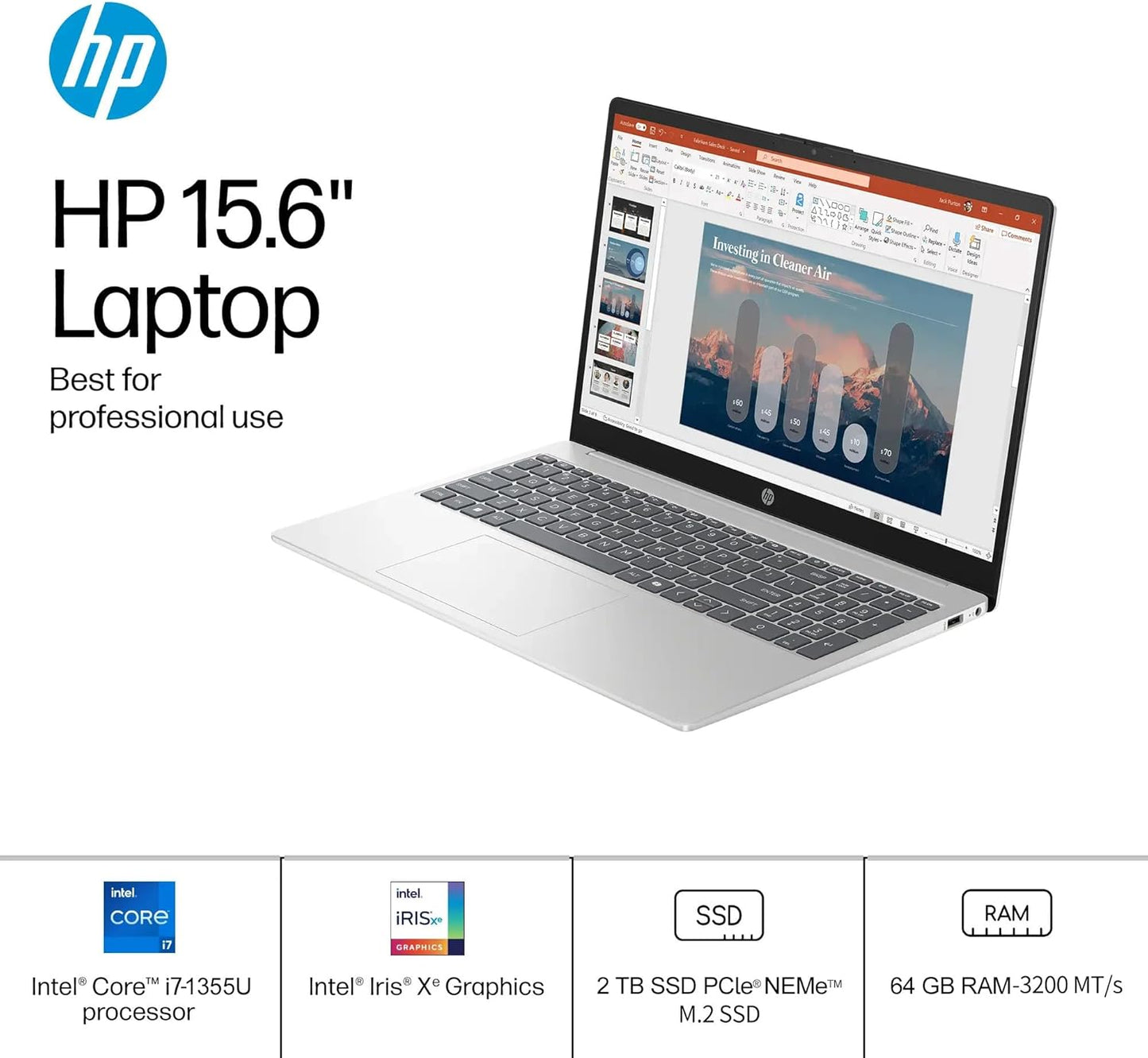HP 15.6 Touchscreen Laptop Computer for Business, Intel 13th Gen i7-1355U(Up to 5.0 GHz), 15.6" FHD Touch Screen, 64 GB RAM, 2 TB SSD, Iris Xe GPU, Wi-Fi 6, HD Webcam, Windows 11 Pro, w/Accessories