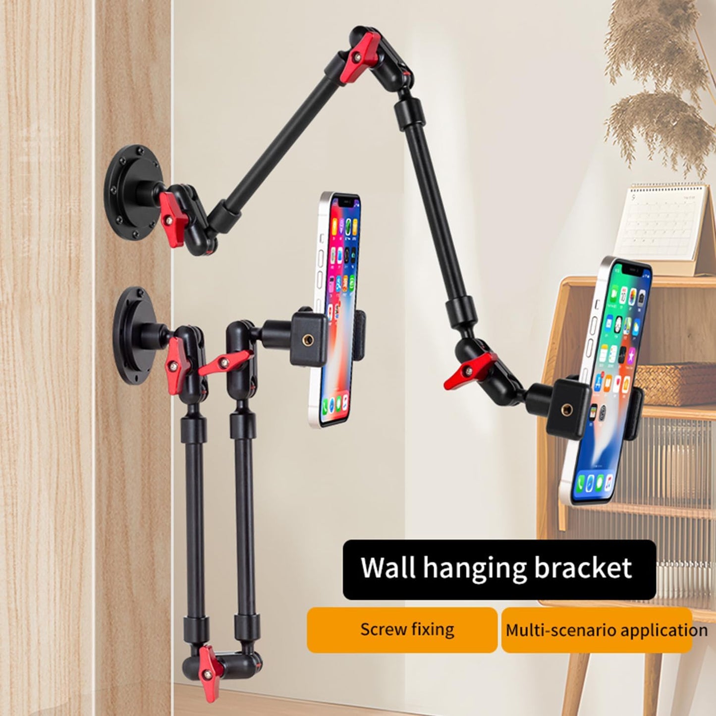 Adjustable Mobile Phone Holder for Desk, Wall and Ceiling Mount - Metal Base +60cm Arms + Phone Clip