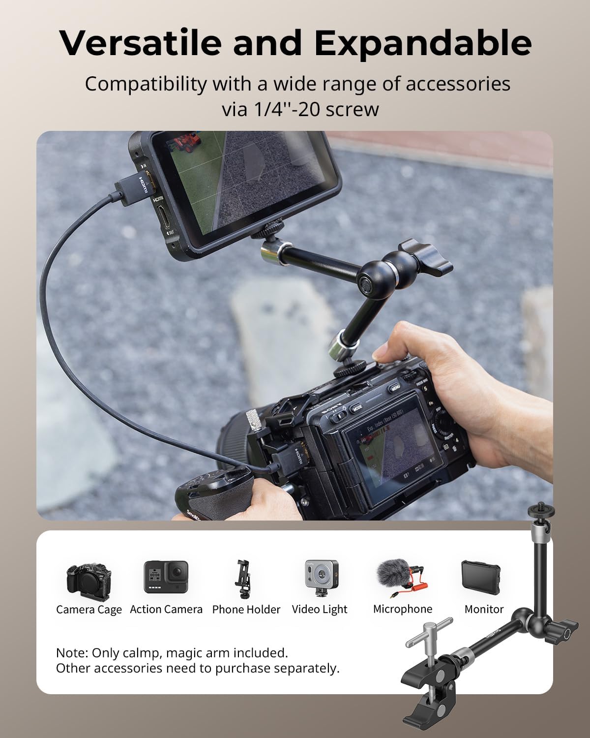 SMALLRIG Clamp w/ 1/4" and 3/8" Thread and 9.8 Inches Adjustable Friction Power Articulating Magic Arm with 1/4" Thread Screw for LCD Monitor/LED Lights - KBUM2732B