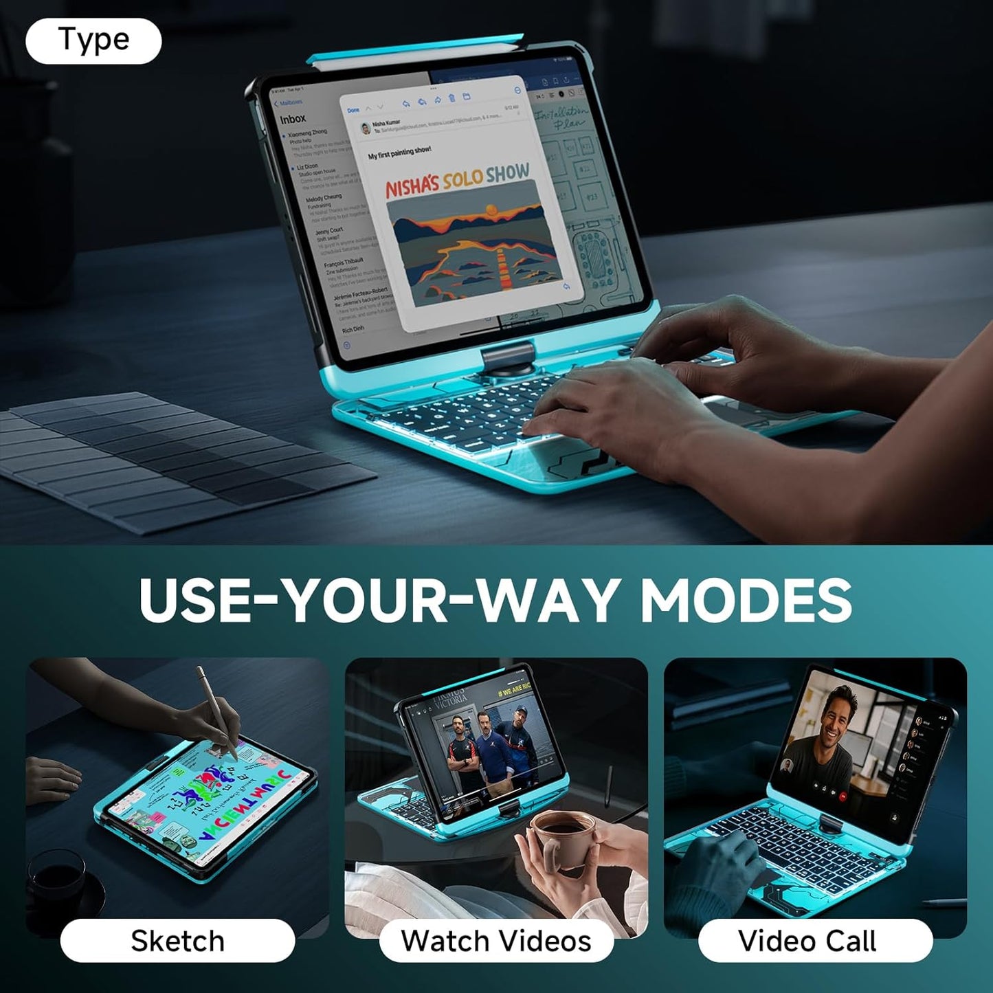 Transparent Case with Keyboard for 2024 iPad Pro 13 inch (M4), iPad Pro 13,7-Color Backlit,Magic Wireless Keyboard, 360°Rotating,Multi-Touch trackpad,Pencil Holder,with Shortcuts,Blue