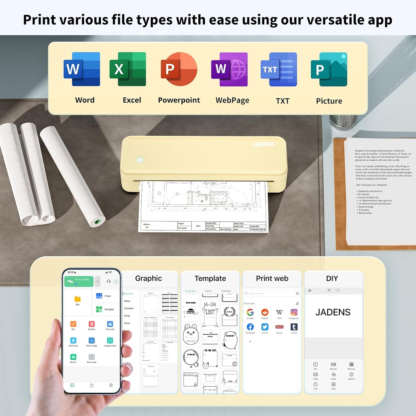 JADENS Portable Printers Wireless for Travel, Thermal Inkless Printer, Support 8.5" X 11" Thermal Paper(Yellow)