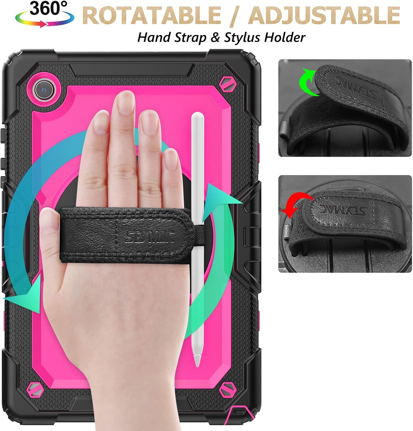 SEYMAC stock Case for Samsung Galaxy Tab A9+ Plus 11'', Full-Body Drop Protection Case with Screen Protector Pencil Holder [360° Rotating Hand Strap] &Stand, Pink+Black