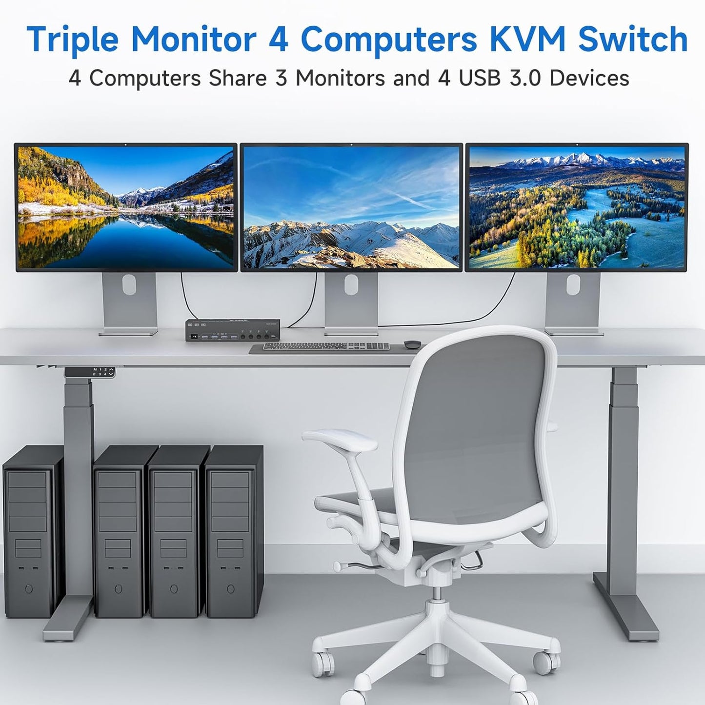 HDMI+2 Displayport KVM Switch 3 Monitors 4 Computers 8K@60Hz 4K@144Hz,4 Port KVM Switches Triple Monitor Share 3 Display and 4 USB3.0 Ports Support Extended/Mirror Mode.
